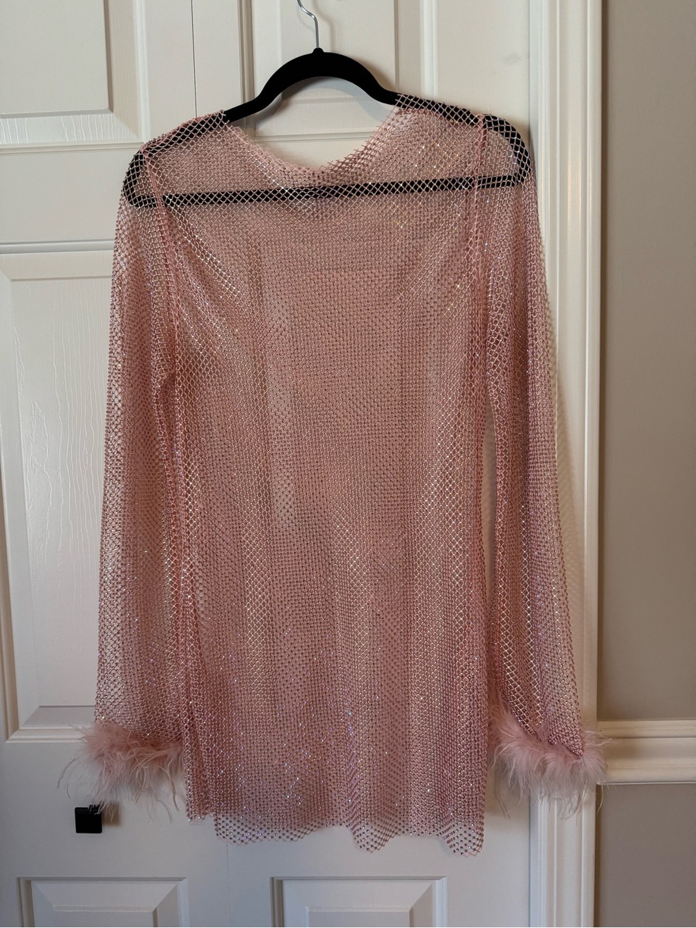 White Fox Boutique Blush Pink Mesh Mini Dress with Feather Cuffs